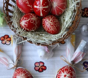 red and white baubles on brown woven basket